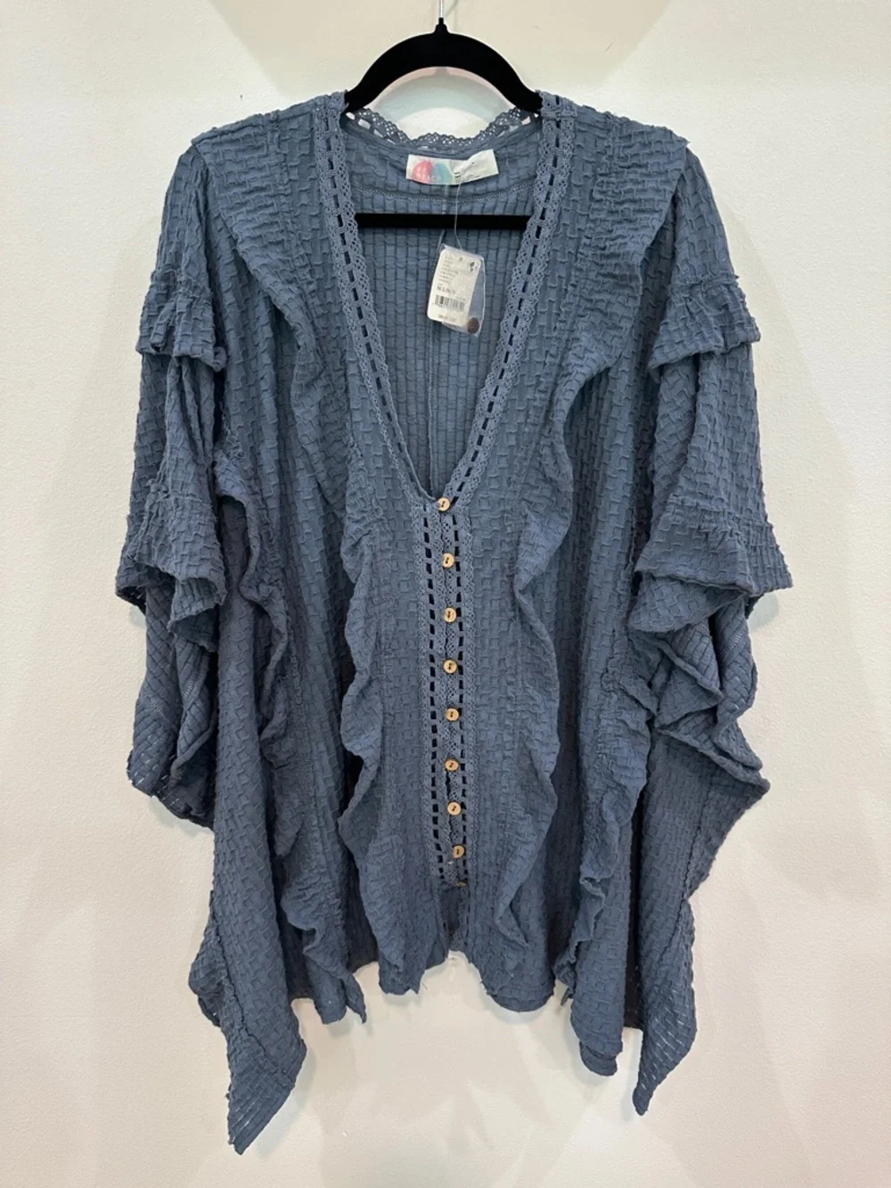 Free People Beach Blue Textured Ruffle Button-Front Top - Picture 3 of 11